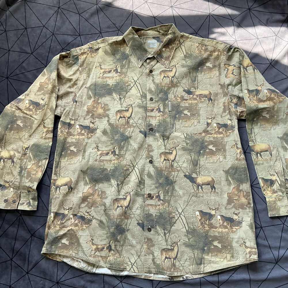 Columbia PHG All Over Print Shirt Deer Elk Nature Hunting Outdoors L